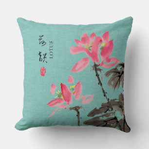 Chinoiserie Freehand Watercolor Lotus Flower Green Throw Pillow