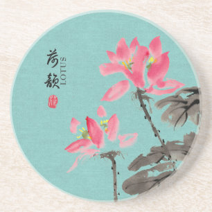 Chinoiserie Freehand Watercolor Lotus Flowers Coaster