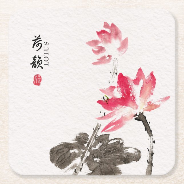 Chinoiserie Freehand Watercolor Lotus Flowers Square Paper Coaster (Front)