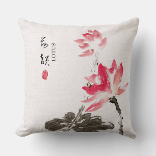 Chinoiserie Freehand Watercolor Lotus Flowers Throw Pillow