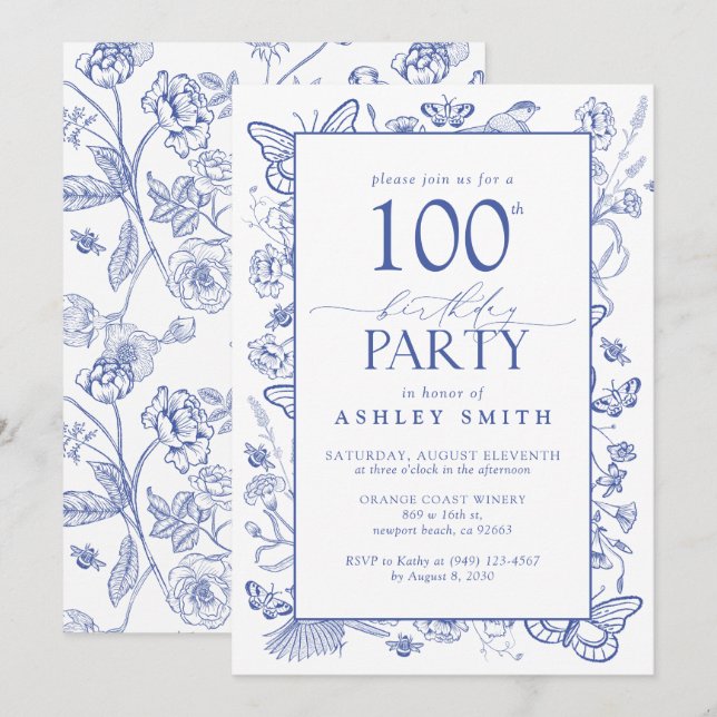 Chinoiserie French Blue 100th Birthday Party Invitation (Front/Back)