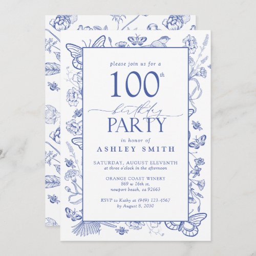 Chinoiserie French Blue 100th Birthday Party Invitation