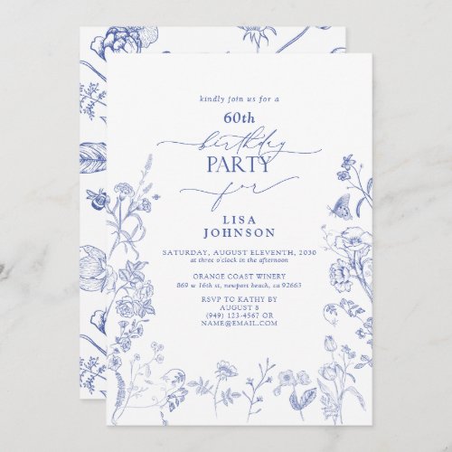 Chinoiserie French Blue Floral 60th Birthday Invitation