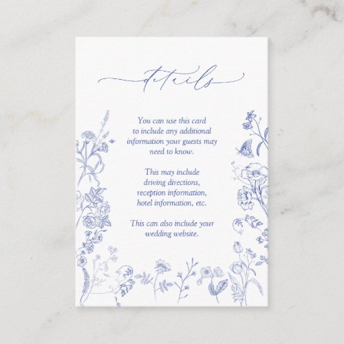 Chinoiserie French Blue Floral Wedding Details Enclosure Card