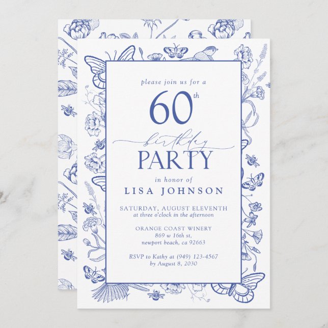 Chinoiserie French Blue Script 60th Birthday Party Invitation (Front/Back)