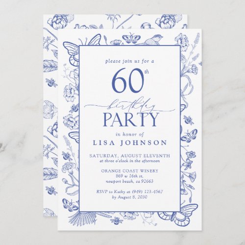 Chinoiserie French Blue Script 60th Birthday Party Invitation