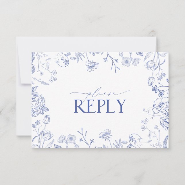 Chinoiserie French Blue Victorian Floral RSVP Card (Front)