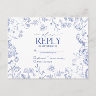 Chinoiserie French Blue Victorian Floral RSVP  Invitation Postcard