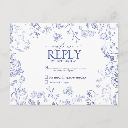 Chinoiserie French Blue Victorian Floral RSVP  Invitation Postcard