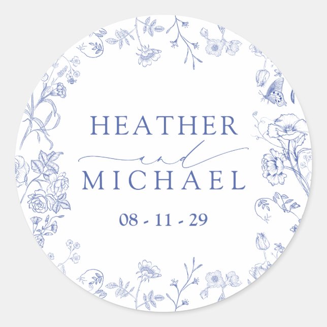 Chinoiserie French Blue Victorian Floral Wedding Classic Round Sticker (Front)