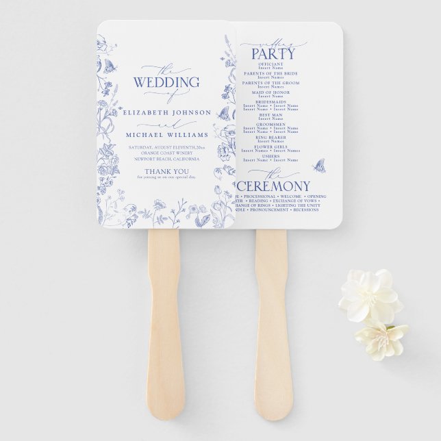 Chinoiserie French Blue Victorian Wedding Program Hand Fan (Front and Back)