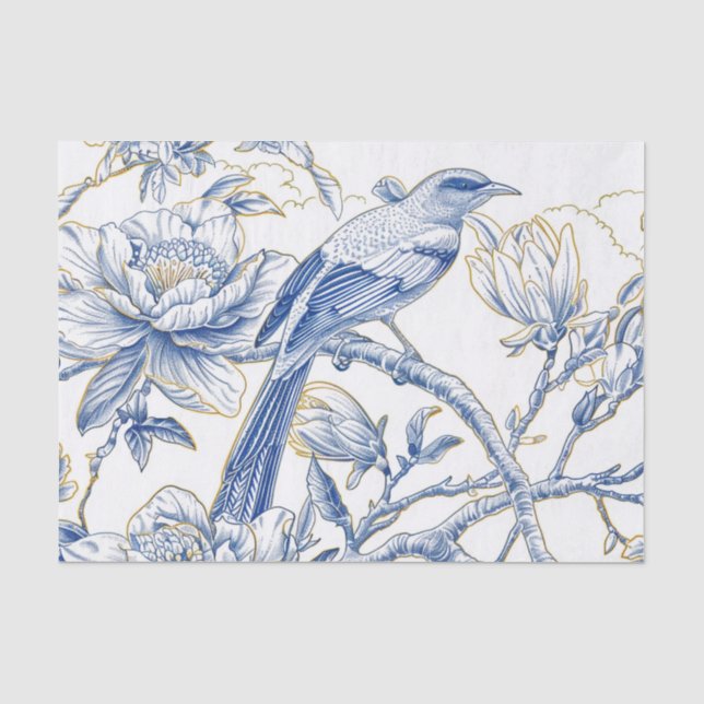 Chinoiserie French-Toile Bird in Blue and Gold Tissue Paper (Front)