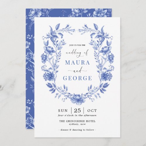 Chinoiserie Garden Delft Blue Floral Crest Wedding Invitation