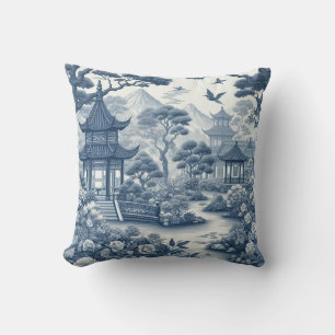 Chinoiserie Garden Scenery Blue and White Throw Pillow