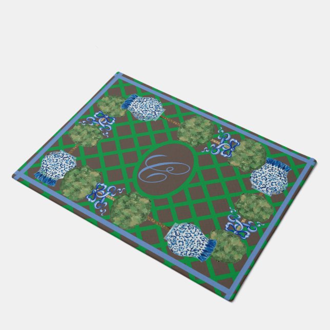 Chinoiserie Garden Topiary Ginger Jar Jars Doormat (Angled)