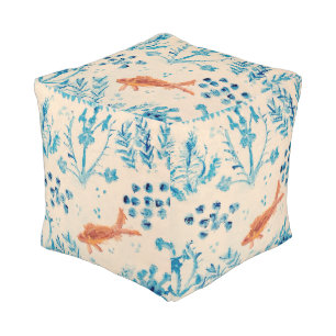 Chinoiserie Ginger Jar Abstract Goldfish Pouf