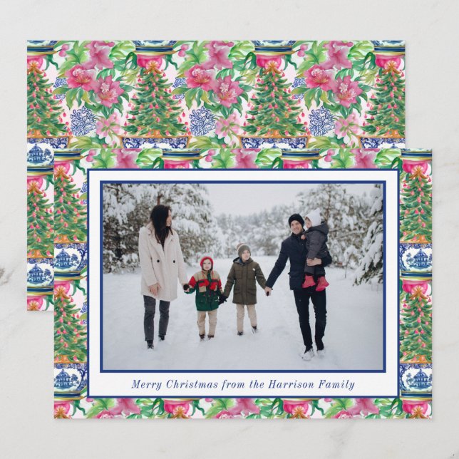 Chinoiserie Ginger Jar Christmas Tree Photo Holiday Card (Front/Back)