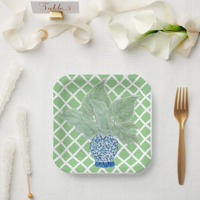 Chinoiserie Ginger Jar Jars Tropical Leaves Paper Plates (Wedding)