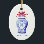 Chinoiserie Ginger Jar Monogram | Red Bow Ceramic Ornament<br><div class="desc">This chic design features chinoiserie ginger jar with a blue monogram and a red bow. You can personalize with your monogram initial and your name.</div>