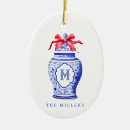 Chinoiserie Ginger Jar Monogram Red Bow Ceramic Ornament