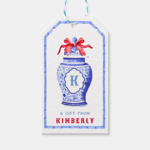 Chinoiserie Ginger Jar Monogram  Red Bow Gift Tags