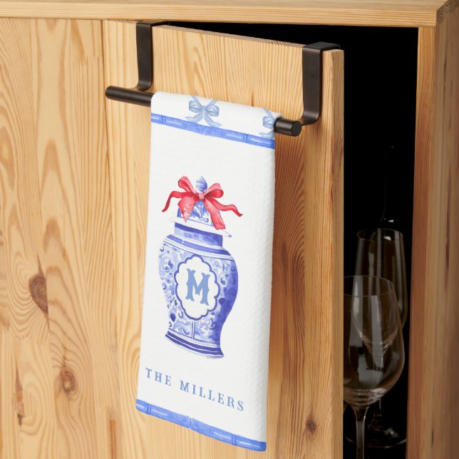 Chinoiserie Ginger Jar Monogram | Red Bow Kitchen Towel (Thirds Fold)