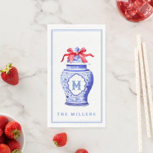 Chinoiserie Ginger Jar Monogram   Red Bow Paper Guest Towels