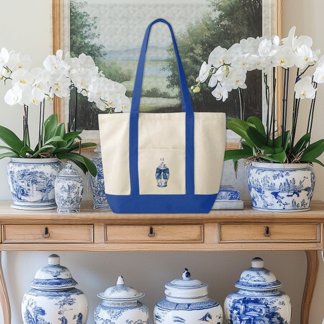 Chinoiserie Ginger Jar with Blue Bow Contrast Trim Tote Bag (Ginger Jar contrast trim boat tote bag with custom initials monogram)