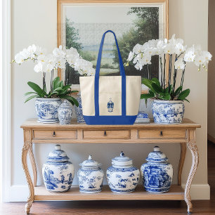 Chinoiserie Ginger Jar with Blue Bow Contrast Trim Tote Bag