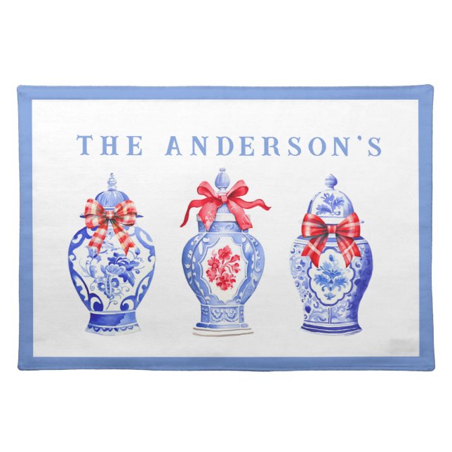 Chinoiserie Ginger Jar With Red Bow | Christmas Cloth Placemat (Front)