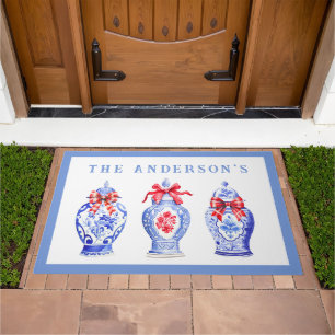 Chinoiserie Ginger Jar With Red Bow   Christmas Doormat