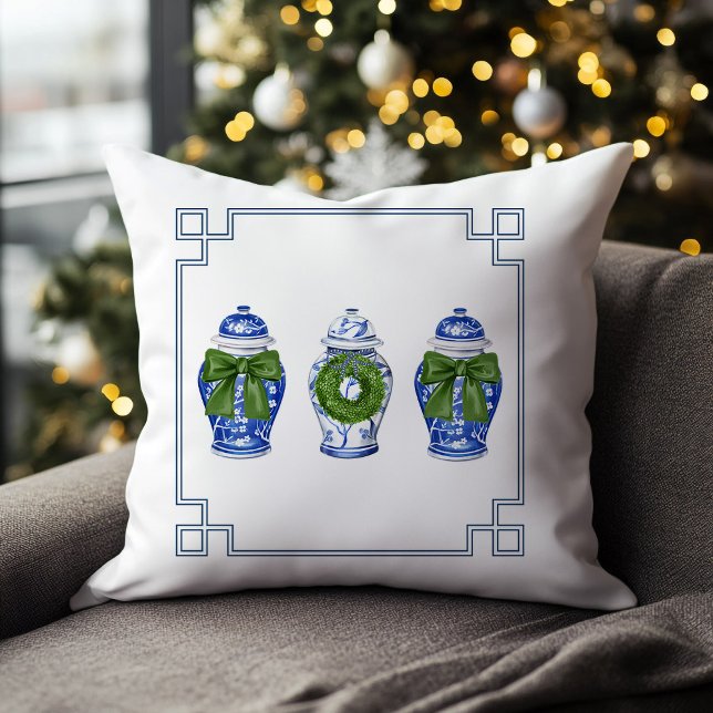 Chinoiserie Ginger Jars Holiday Throw Pillow (chinoiserie blue and white ginger jar christmas pillow)