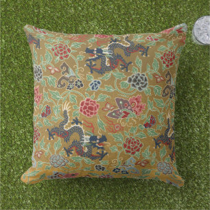 Chinoiserie Gold Dragon & Pink Peony Print Outdoor Pillow