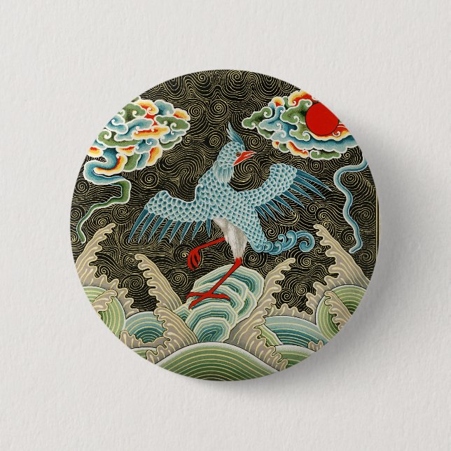 Chinoiserie Golden Crane Bird & Sea Wave Pattern Button (Front)