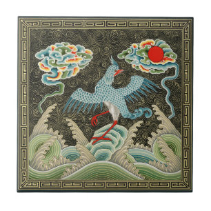 Chinoiserie Golden Crane Bird & Sea Wave Pattern Ceramic Tile
