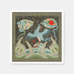 Chinoiserie Golden Crane Bird & Sea Wave Pattern Napkins