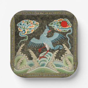 Chinoiserie Golden Crane Bird & Sea Wave Pattern Paper Plates