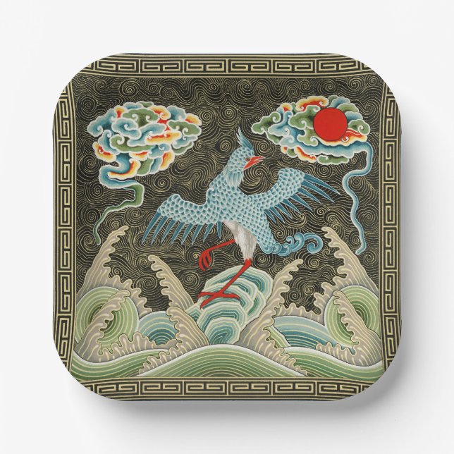 Chinoiserie Golden Crane Bird & Sea Wave Pattern Paper Plates (Front)
