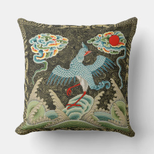 Chinoiserie Golden Crane Bird & Sea Wave Pattern Throw Pillow