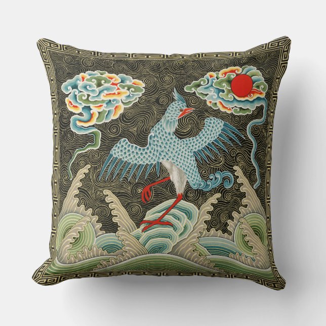Chinoiserie Golden Crane Bird & Sea Wave Pattern Throw Pillow (Front)