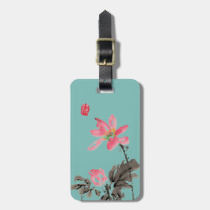 Chinoiserie Green Freehand Watercolor Lotus Flower Luggage Tag