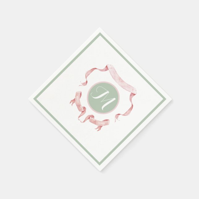 Chinoiserie Green Ribbons Logo Crest   Napkins (Corner)