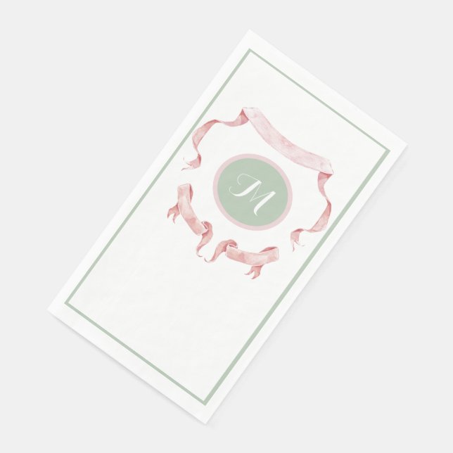 Chinoiserie Green Ribbons Logo Crest  Paper Guest Towels (Corner)