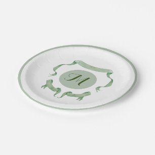 Chinoiserie Green Ribbons Logo Crest Paper Plates
