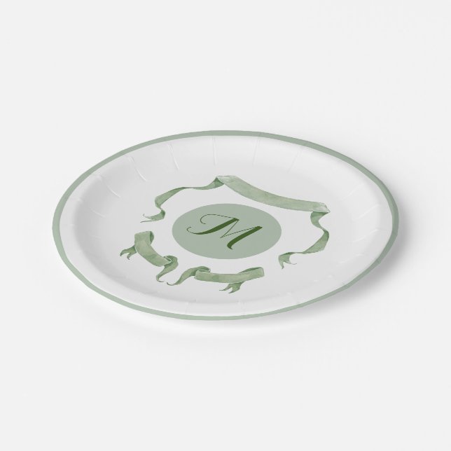 Chinoiserie Green Ribbons Logo Crest  Paper Plates (Angled)
