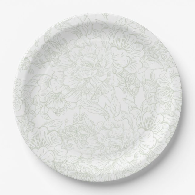 Chinoiserie Green Sage Peony Wedding Paper Plates (Front)