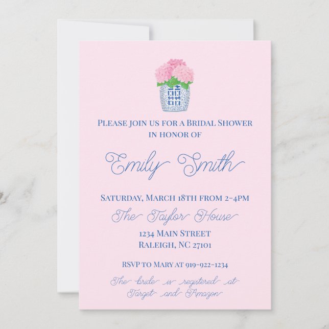 Chinoiserie Hydrangea Bridal Shower Invitation (Front)