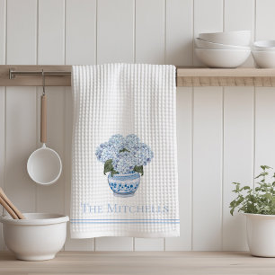 Chinoiserie Hydrangea Flowers Blue Kitchen Towel