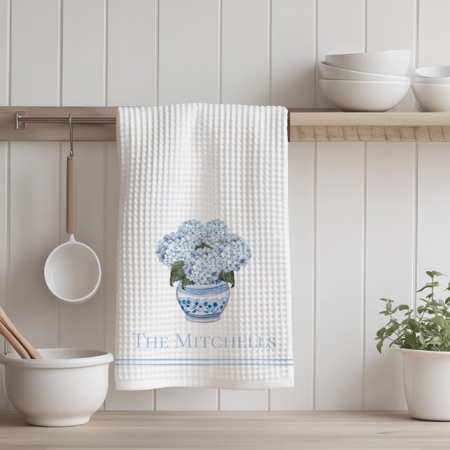Chinoiserie Hydrangea Flowers Blue  Kitchen Towel (Chinoiserie Hydrangea Kitchen Towel)