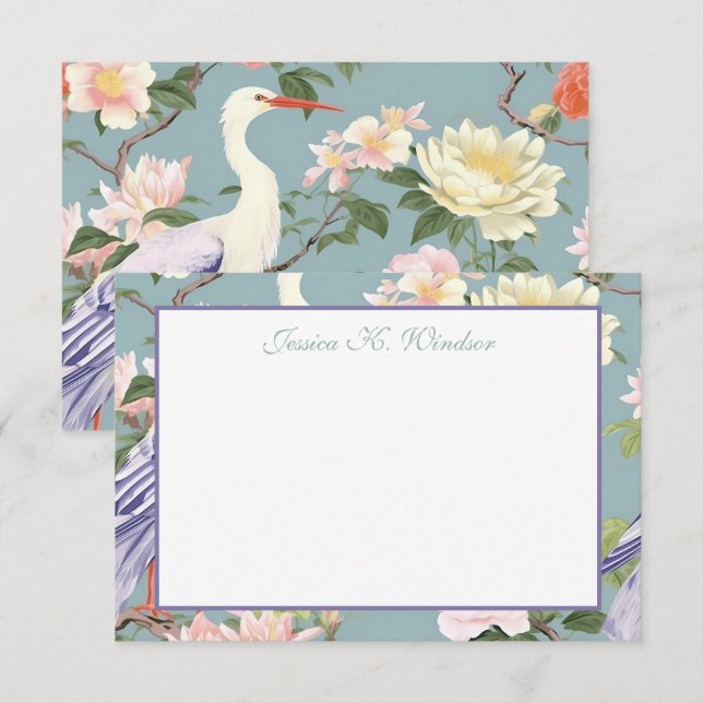 Chinoiserie Jade Floral Egret Personalized Thank You Card (Front/Back)